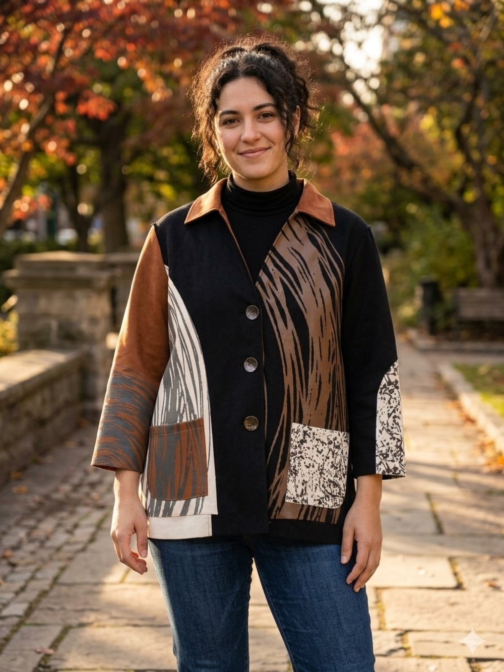 Ali Miles Black & Brown Patterned Button-Front Jacket